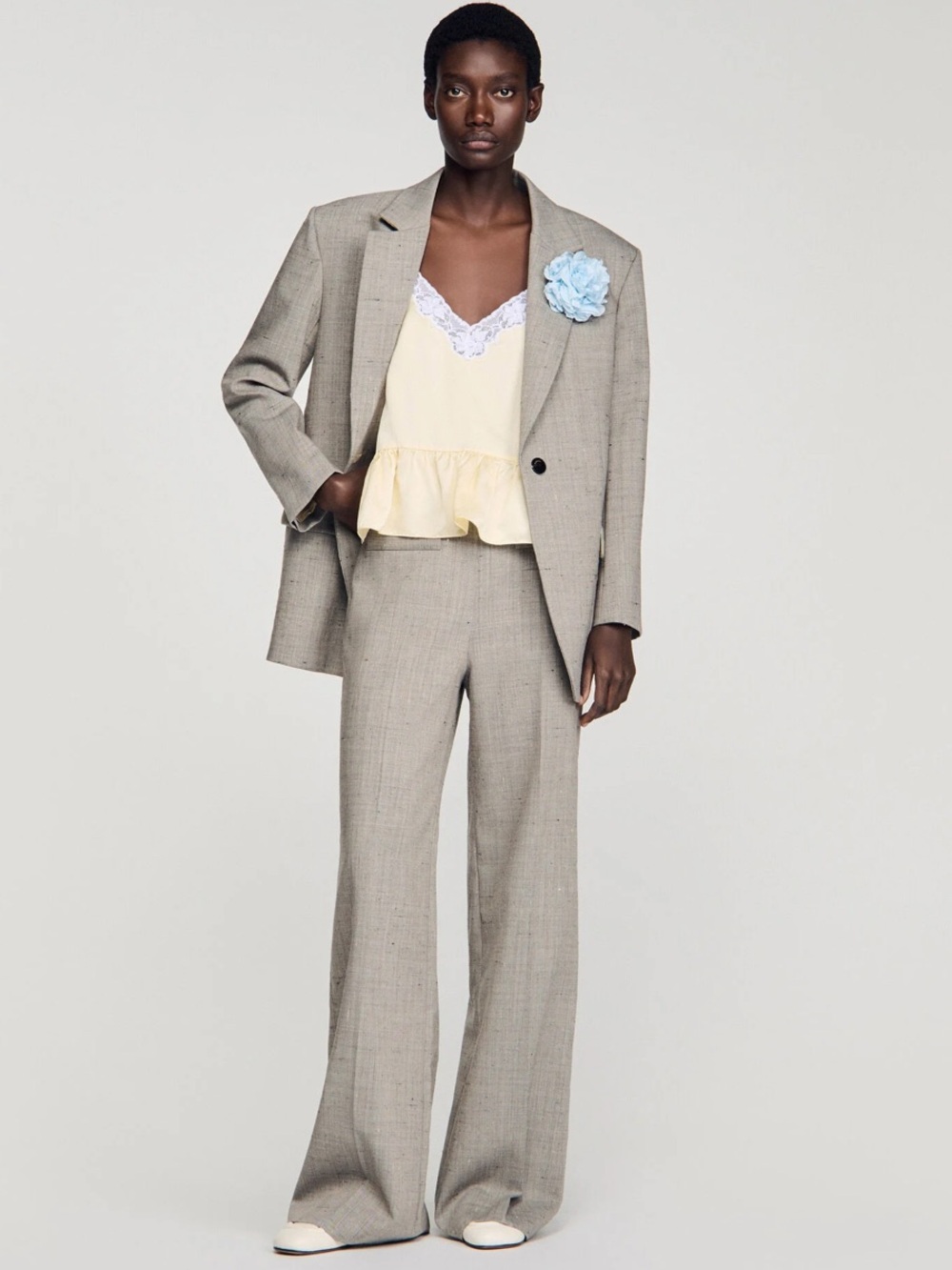 Sandro Light Gray Two-Piece Wool-Blend Suit with Blue Corsage